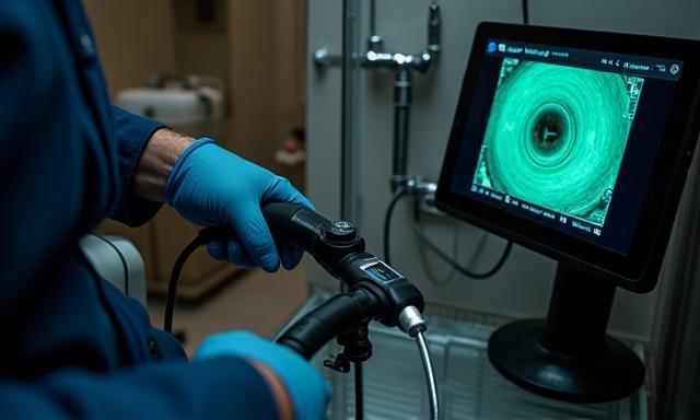 Plumber performing a drain inspection with a camera, 640x384