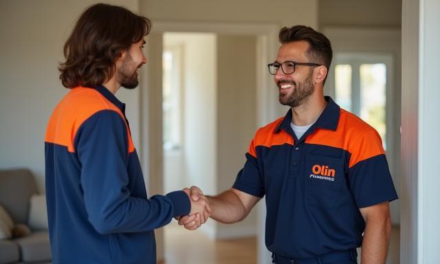 Satisfied customer shaking hands with a plumber after service, 640x384